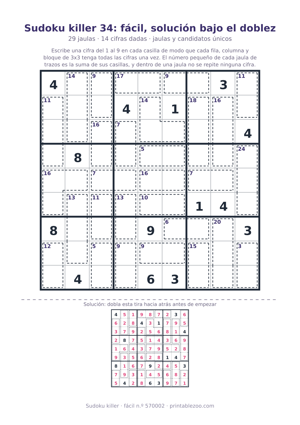 Sudoku killer para imprimir con la solución bajo el doblez, nivel fácil, 29 jaulas, pasatiempo 570002