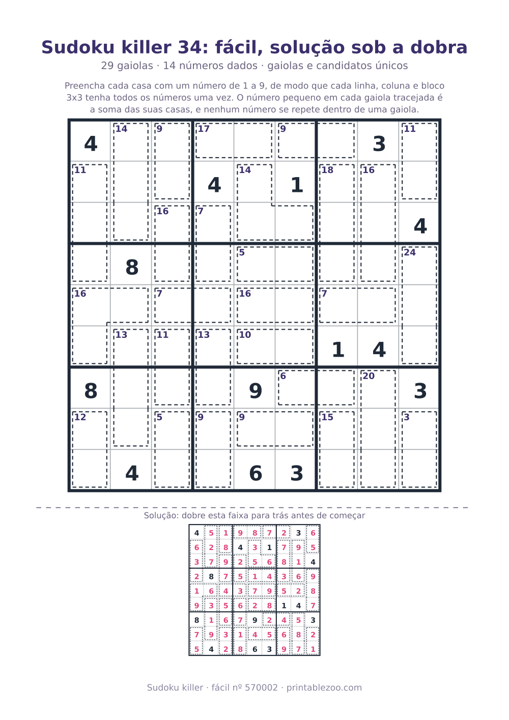 Sudoku killer para imprimir com a solução sob a dobra, nível fácil, 29 gaiolas, desafio 570002