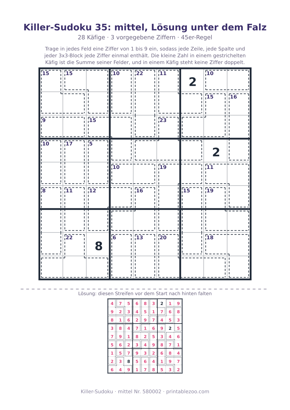 Killer-Sudoku zum Ausdrucken mit Lösung unter dem Falz, Stufe mittel, 28 Käfige, Rätsel 580002