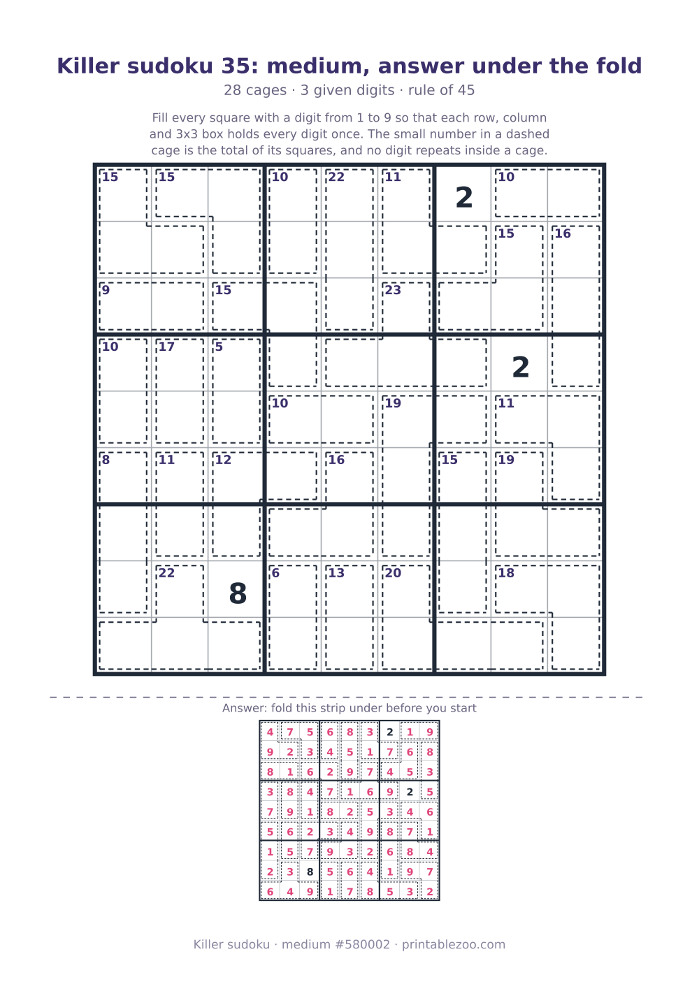 Printable killer sudoku with the answer under a fold line, medium, 28 cages, puzzle 580002