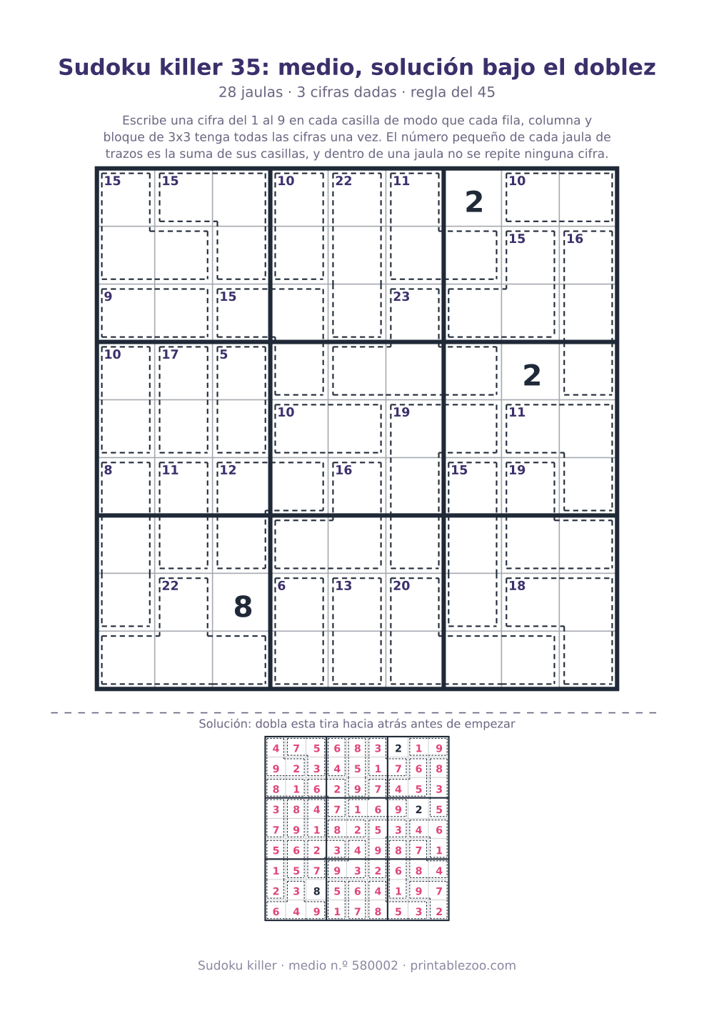 Sudoku killer para imprimir con la solución bajo el doblez, nivel medio, 28 jaulas, pasatiempo 580002