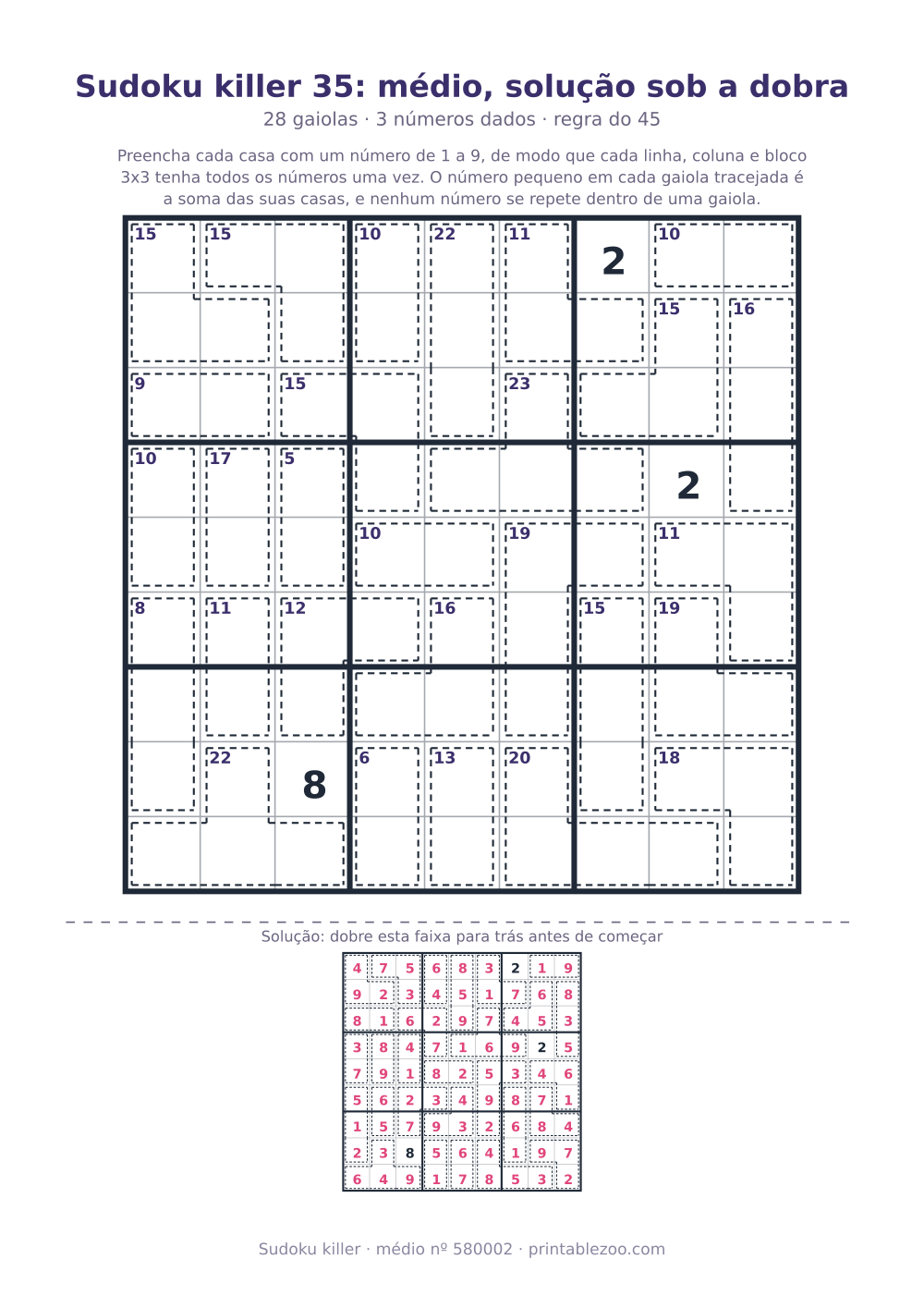 Sudoku killer para imprimir com a solução sob a dobra, nível médio, 28 gaiolas, desafio 580002