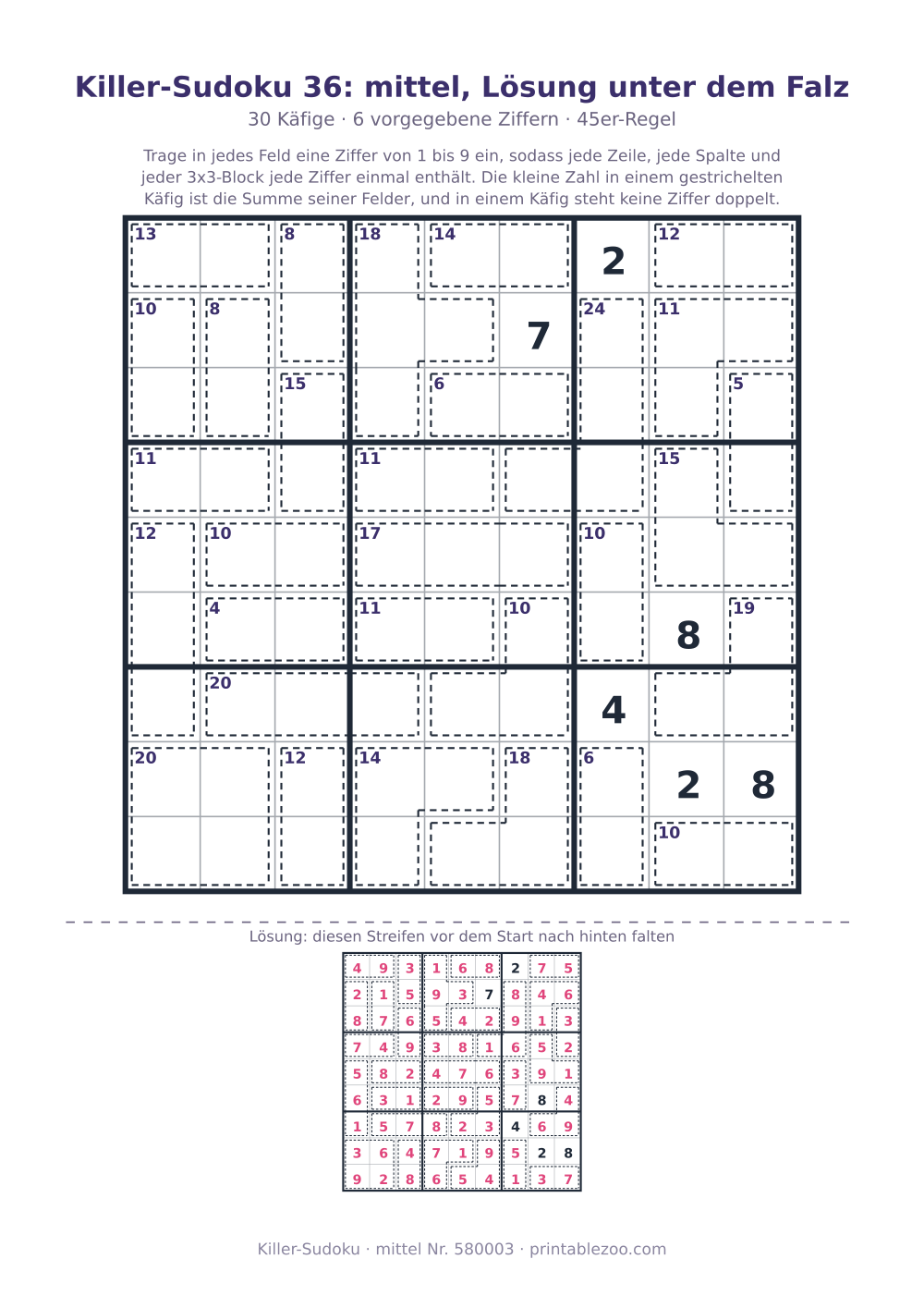 Killer-Sudoku zum Ausdrucken mit Lösung unter dem Falz, Stufe mittel, 30 Käfige, Rätsel 580003