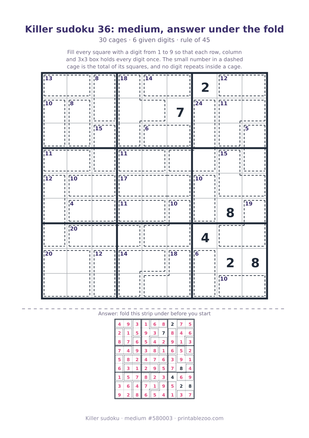 Printable killer sudoku with the answer under a fold line, medium, 30 cages, puzzle 580003