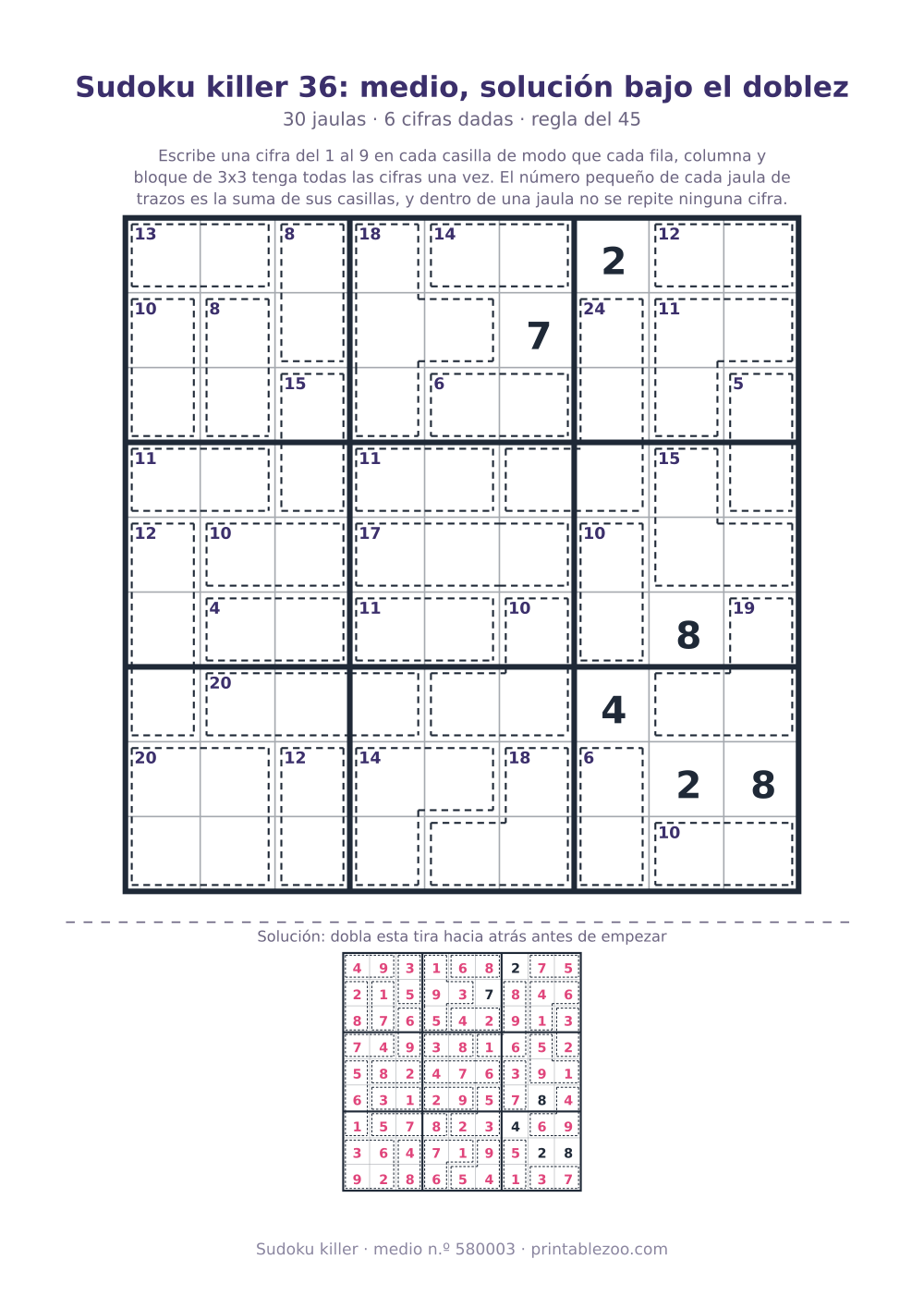 Sudoku killer para imprimir con la solución bajo el doblez, nivel medio, 30 jaulas, pasatiempo 580003