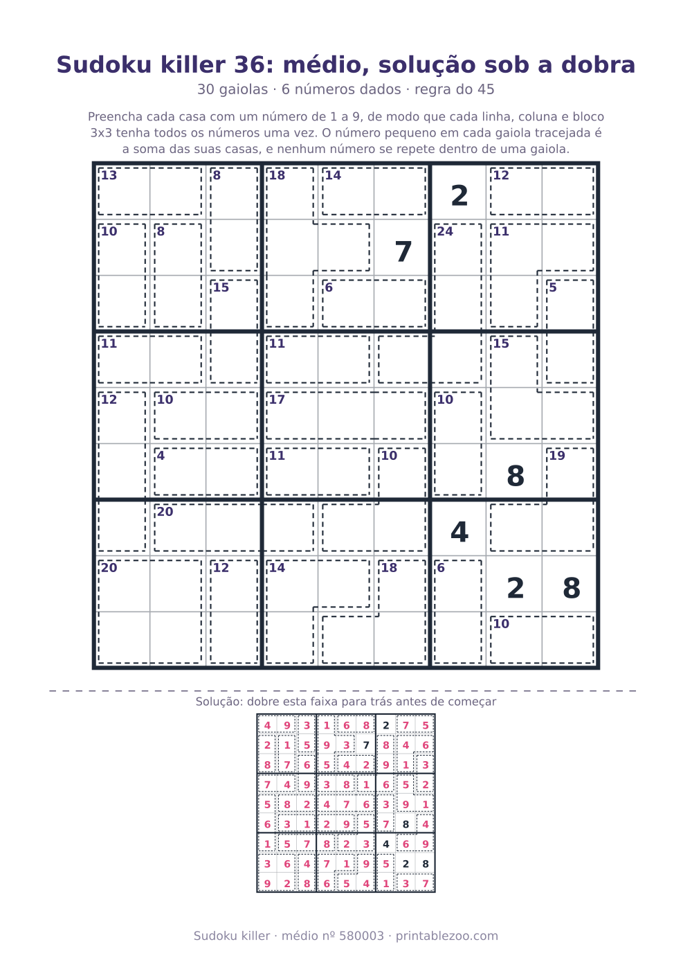 Sudoku killer para imprimir com a solução sob a dobra, nível médio, 30 gaiolas, desafio 580003