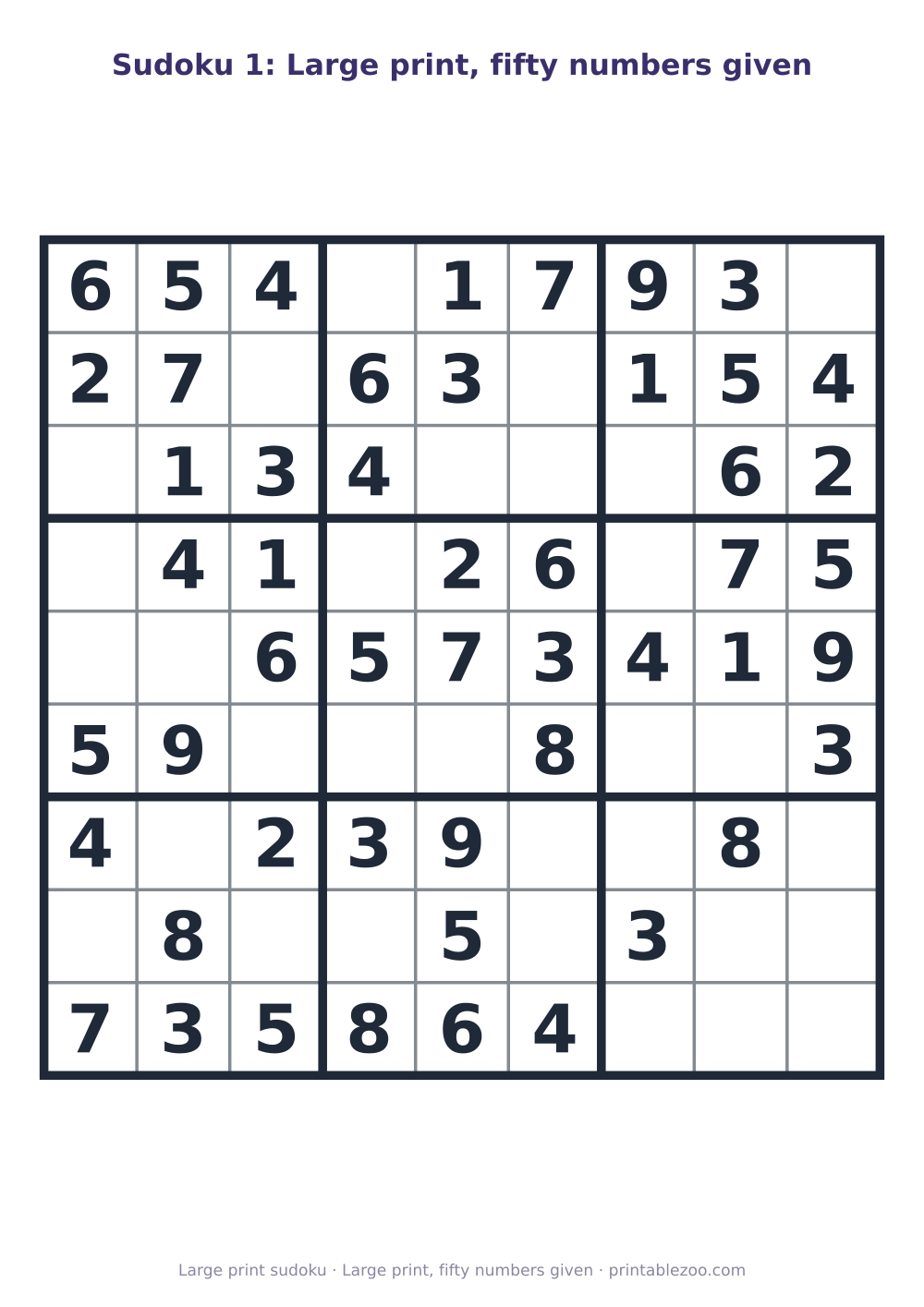 Printable easy 9x9 sudoku in large print with 50 clues, large print, fifty numbers given Puzzle #263101.