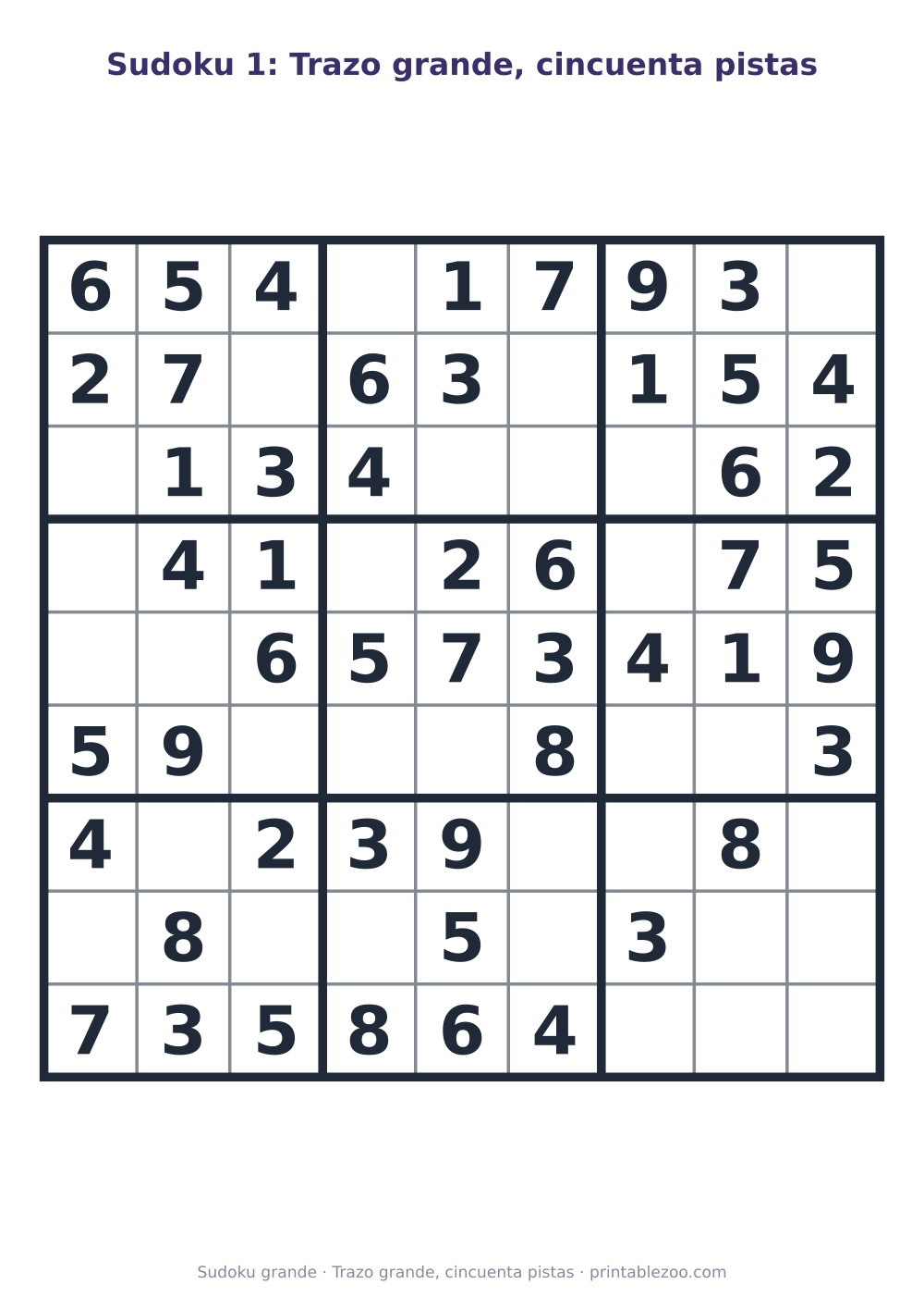 Sudoku fácil de 9x9 para imprimir en letra grande, con 50 pistas, trazo grande, cincuenta pistas Pasatiempo n.º 263101.