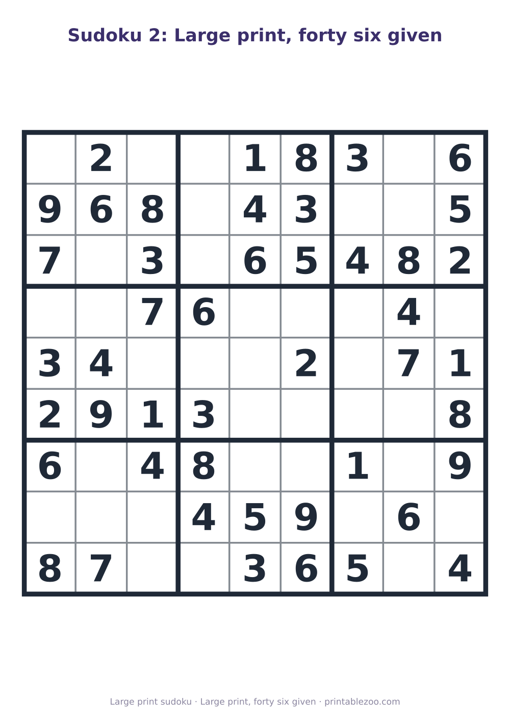 Printable easy 9x9 sudoku in large print with 46 clues, large print, forty six given Puzzle #263102.