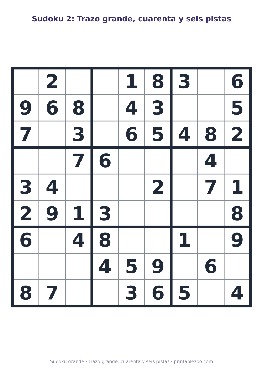 Sudoku fácil de 9x9 para imprimir en letra grande, con 46 pistas, trazo grande, cuarenta y seis pistas Pasatiempo n.º 263102.