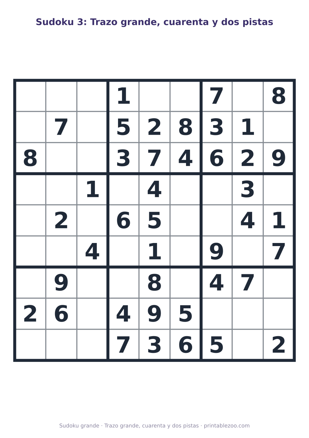Sudoku fácil de 9x9 para imprimir en letra grande, con 42 pistas, trazo grande, cuarenta y dos pistas Pasatiempo n.º 263103.