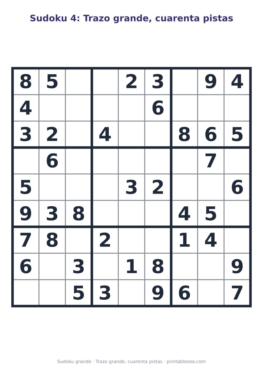 Sudoku fácil de 9x9 para imprimir en letra grande, con 40 pistas, trazo grande, cuarenta pistas Pasatiempo n.º 263104.
