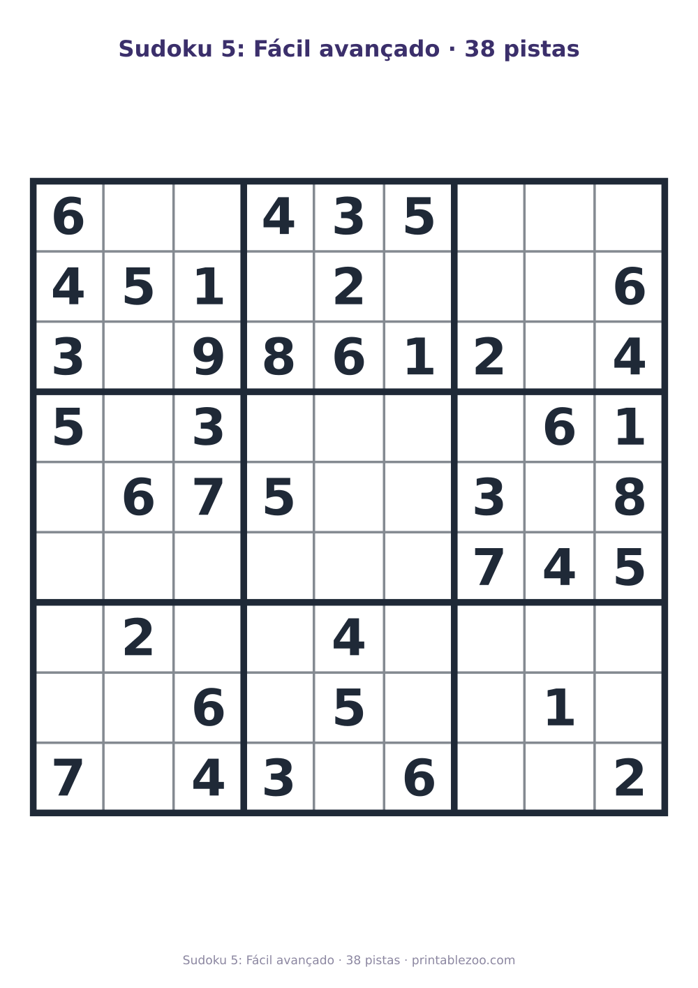 Prévia pronta para imprimir: Sudoku 5: Fácil avançado · 38 pistas, catálogo nº 263105 Passatempo nº 263105.