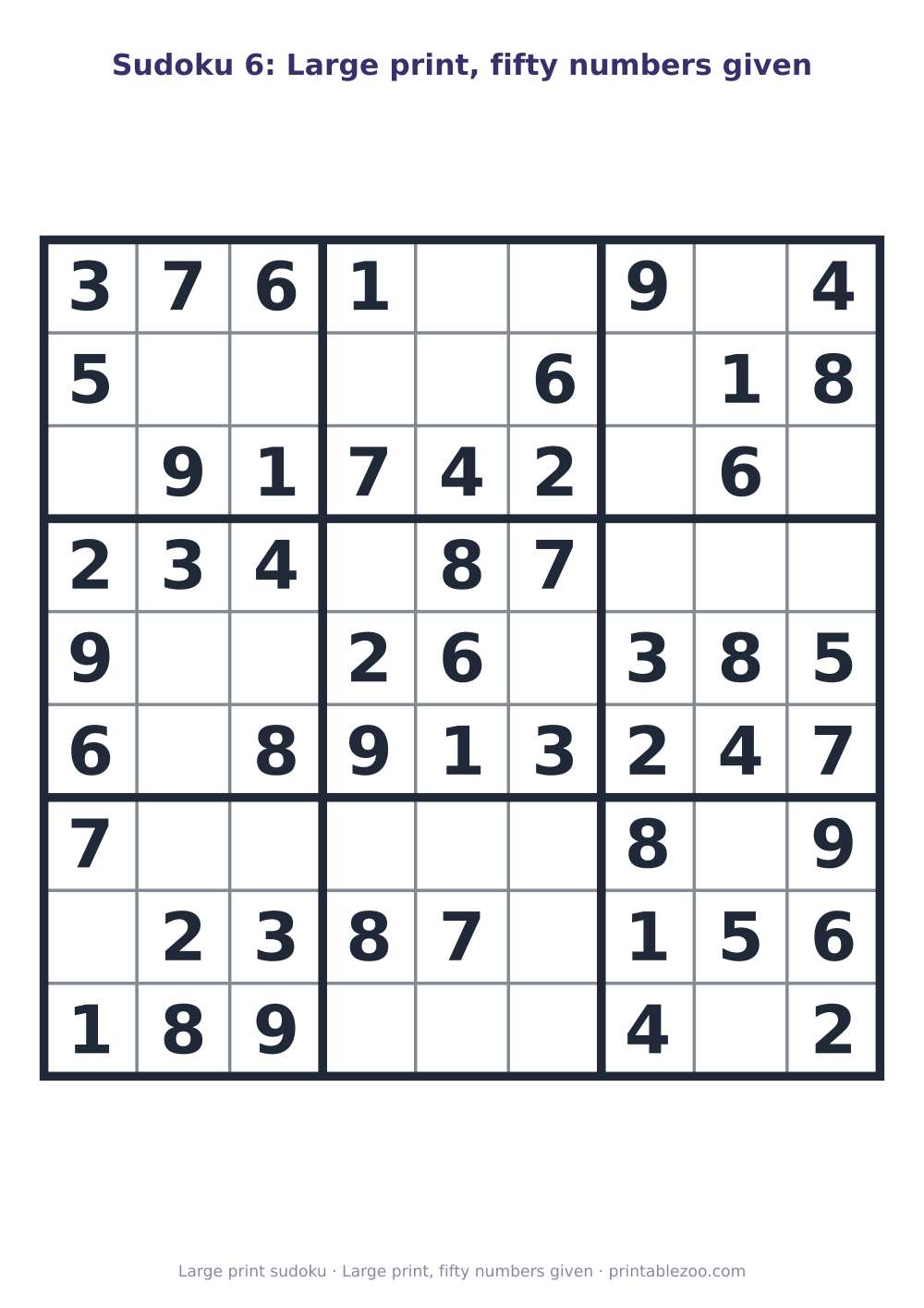 Printable easy 9x9 sudoku in large print with 50 clues, large print, fifty numbers given Puzzle #263201.