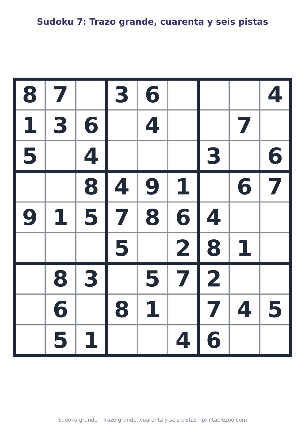Sudoku fácil de 9x9 para imprimir en letra grande, con 46 pistas, trazo grande, cuarenta y seis pistas Pasatiempo n.º 263202.
