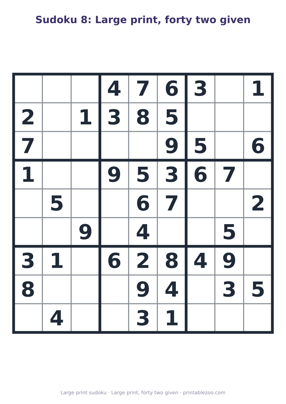 Printable easy 9x9 sudoku in large print with 42 clues, large print, forty two given Puzzle #263203.