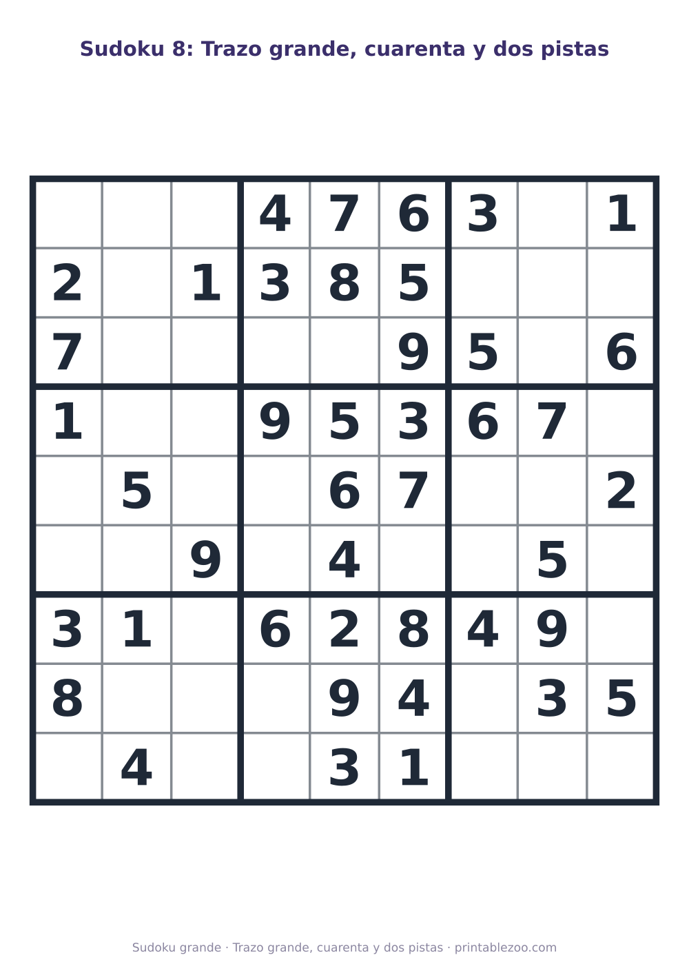 Sudoku fácil de 9x9 para imprimir en letra grande, con 42 pistas, trazo grande, cuarenta y dos pistas Pasatiempo n.º 263203.