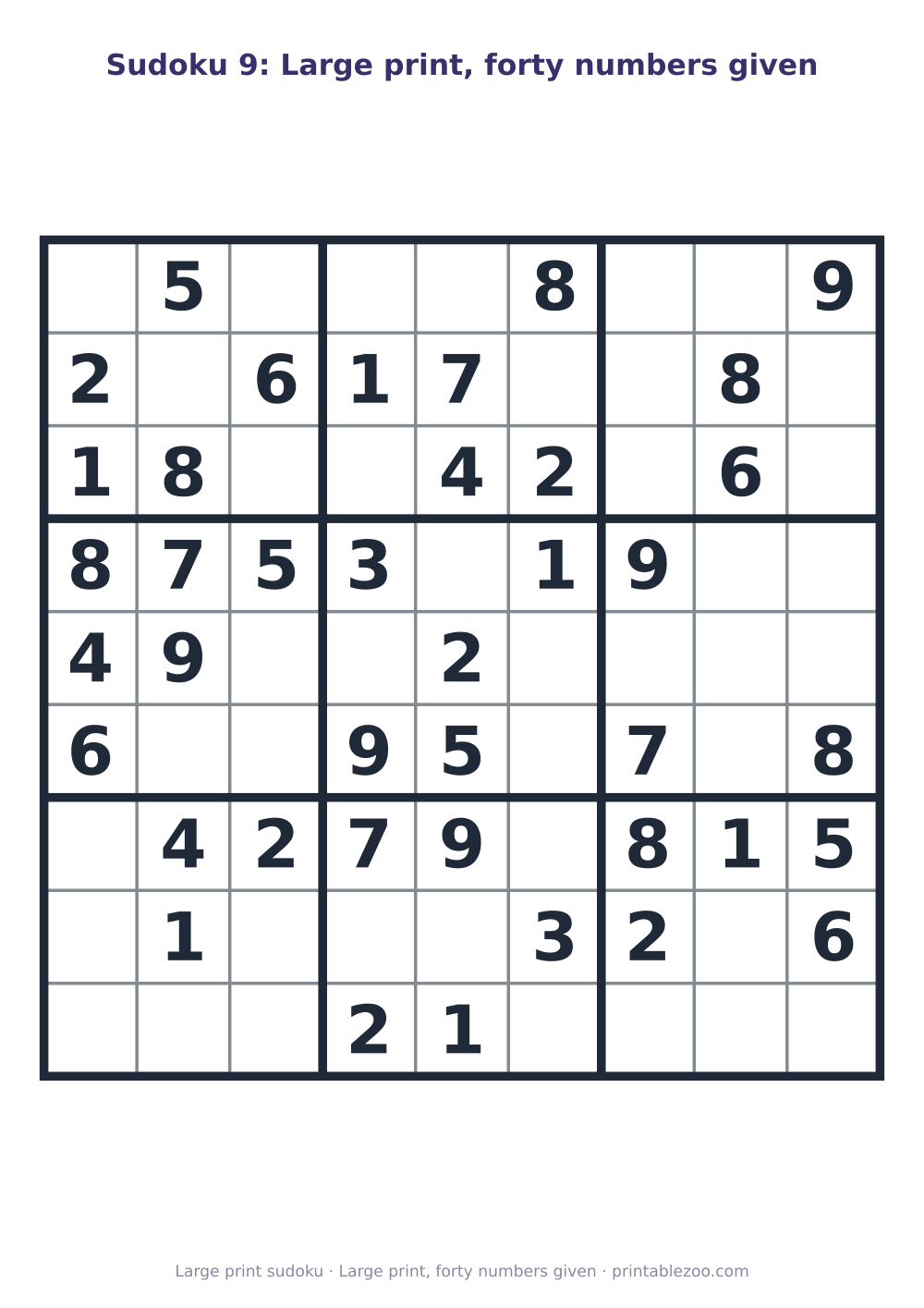 Printable easy 9x9 sudoku in large print with 40 clues, large print, forty numbers given Puzzle #263204.