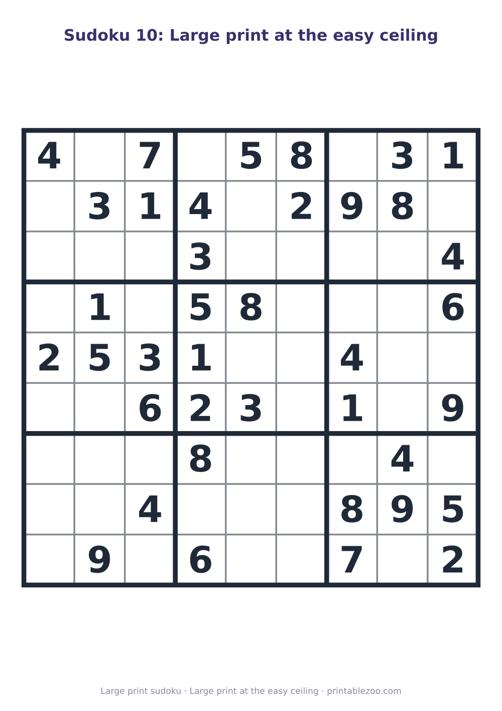 Printable easy 9x9 sudoku in large print with 38 clues, large print at the easy ceiling Puzzle #263205.