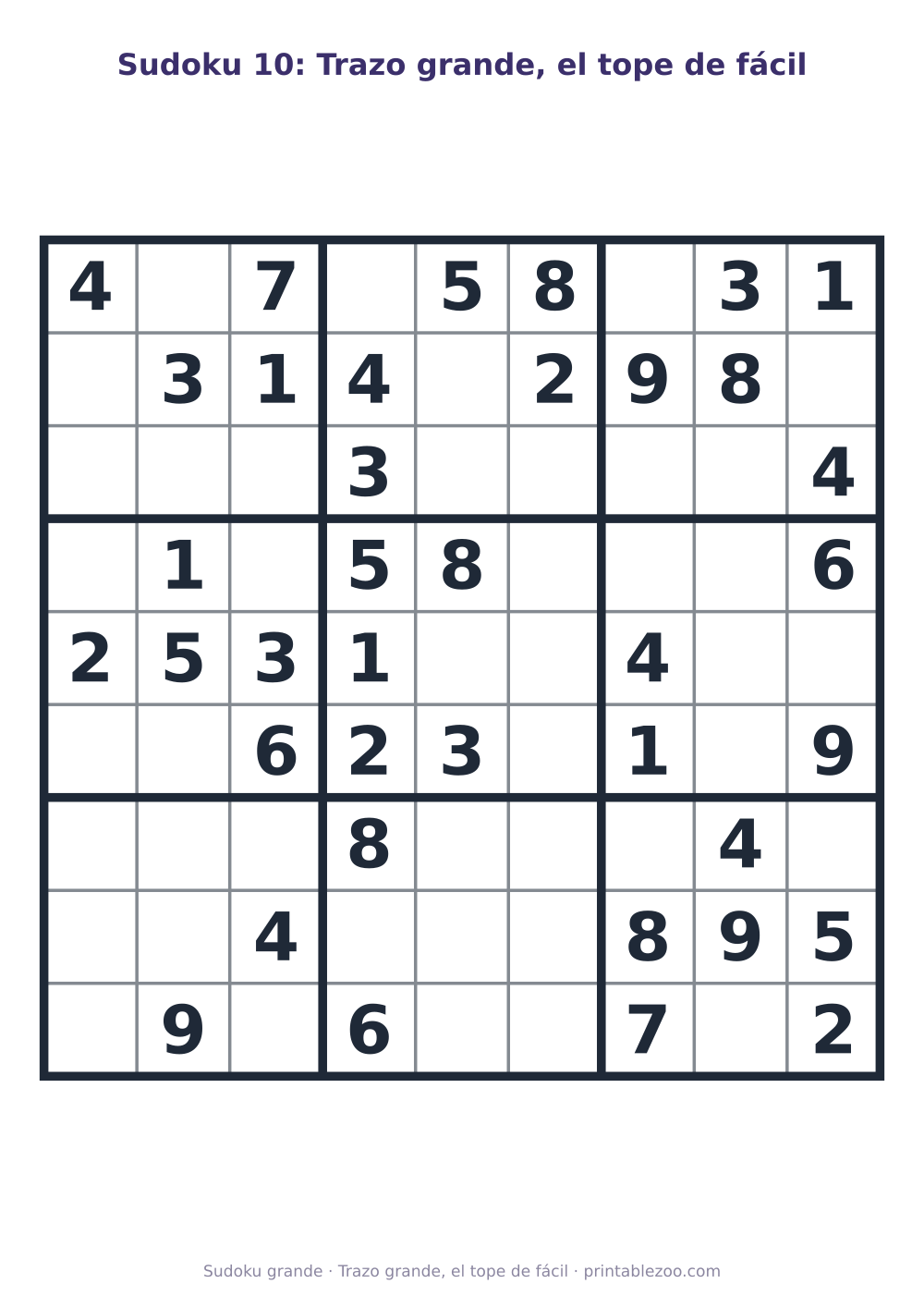 Sudoku fácil de 9x9 para imprimir en letra grande, con 38 pistas, trazo grande, el tope de fácil Pasatiempo n.º 263205.