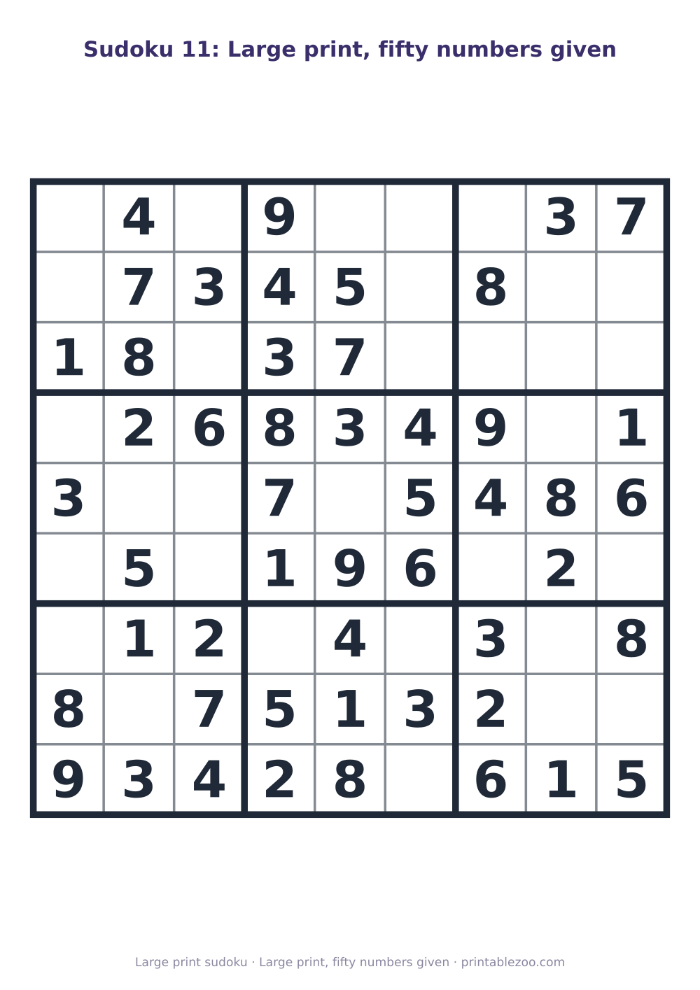 Printable easy 9x9 sudoku in large print with 50 clues, large print, fifty numbers given Puzzle #263301.
