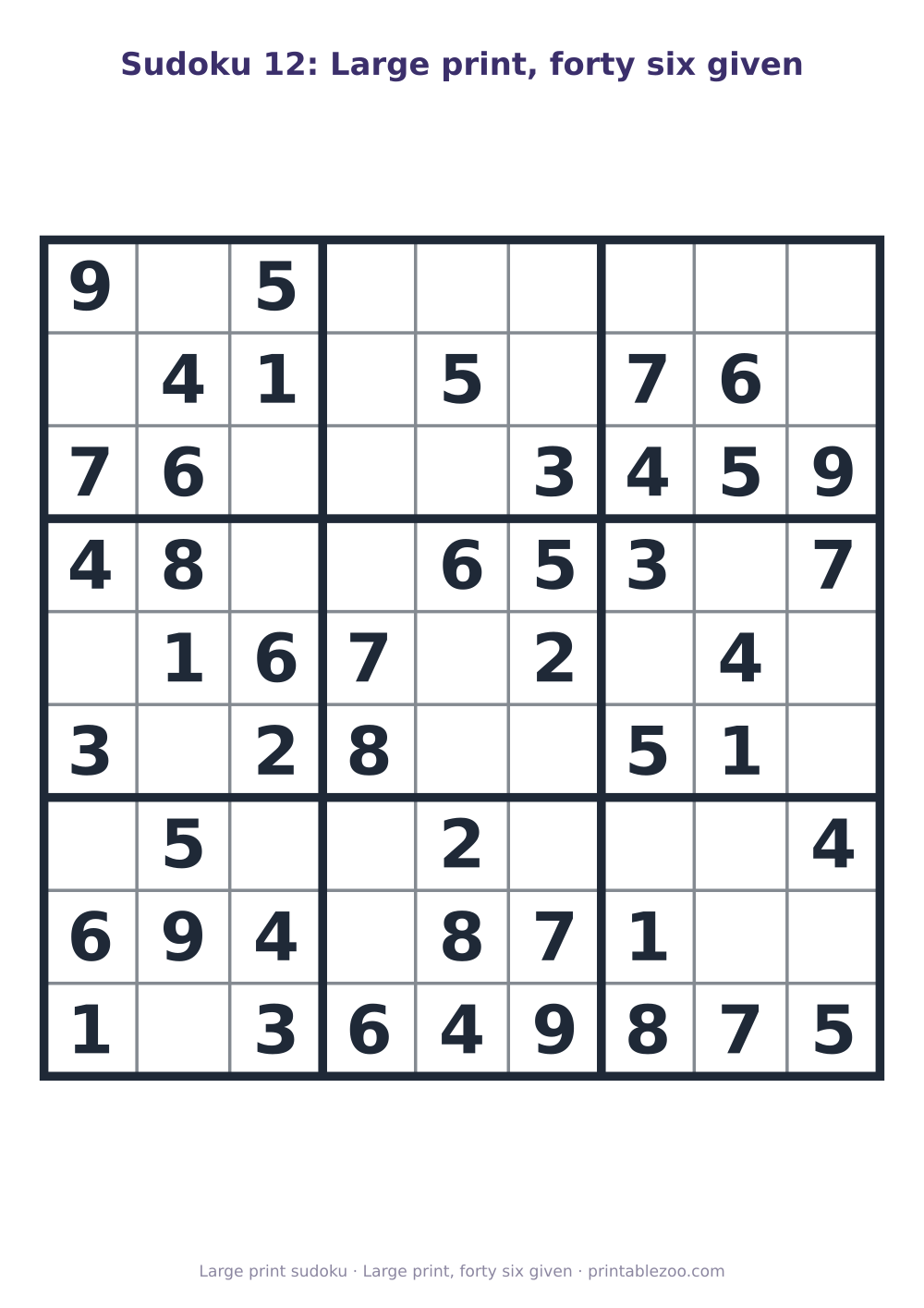 Printable easy 9x9 sudoku in large print with 46 clues, large print, forty six given Puzzle #263302.