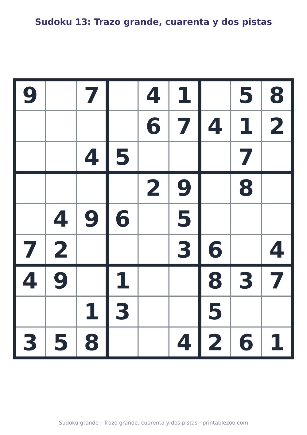 Sudoku fácil de 9x9 para imprimir en letra grande, con 42 pistas, trazo grande, cuarenta y dos pistas Pasatiempo n.º 263303.