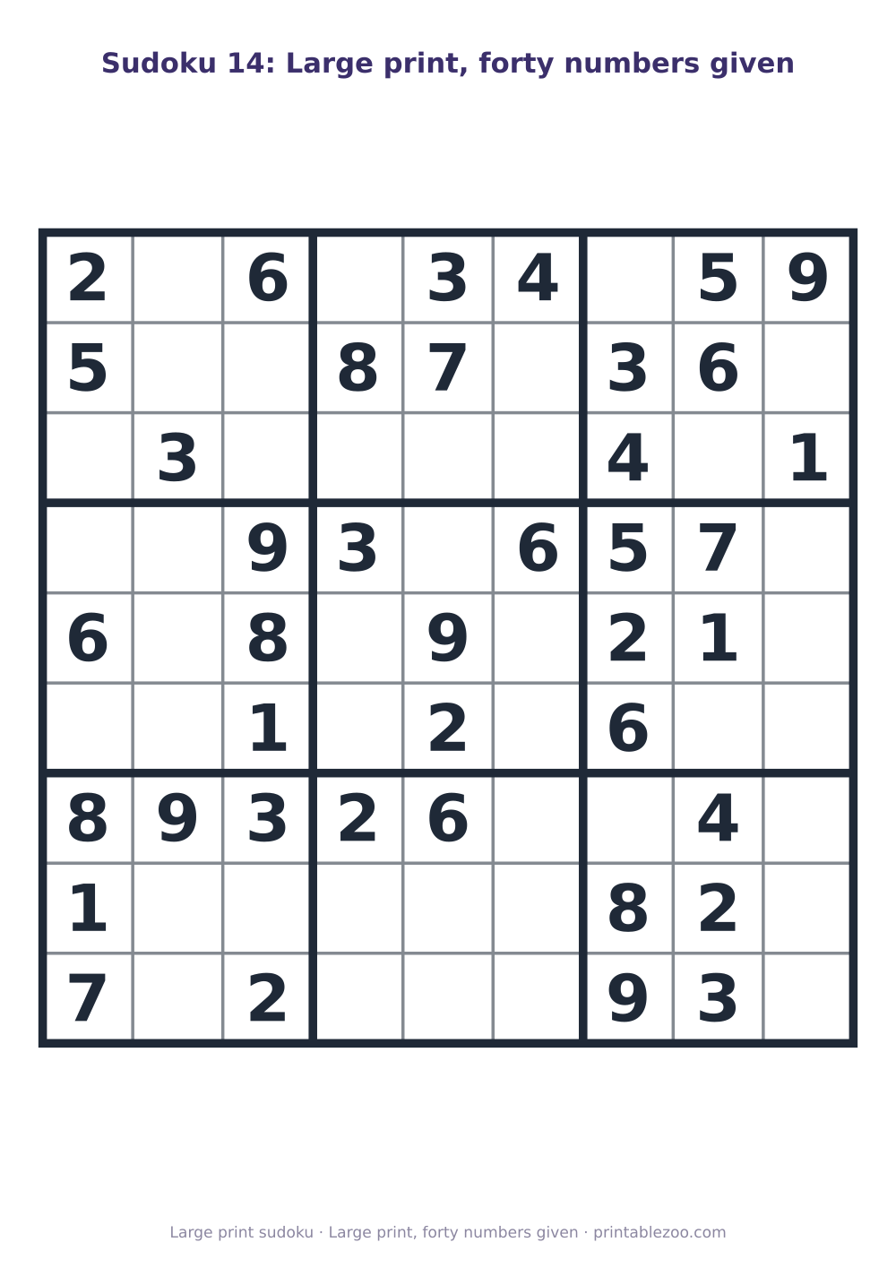 Printable easy 9x9 sudoku in large print with 40 clues, large print, forty numbers given Puzzle #263304.