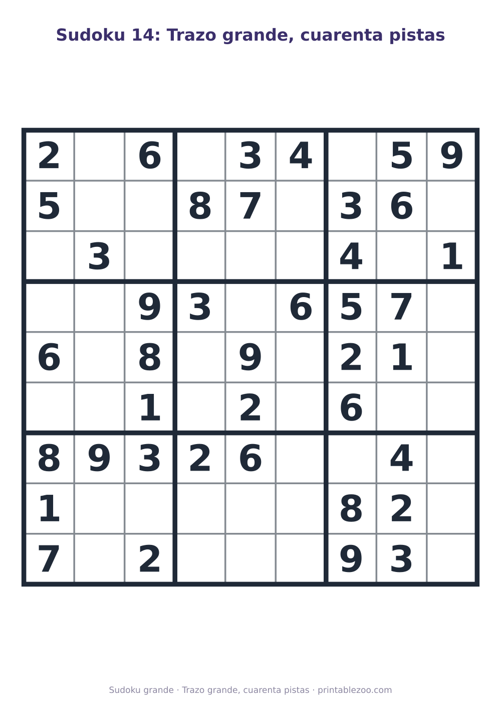Sudoku fácil de 9x9 para imprimir en letra grande, con 40 pistas, trazo grande, cuarenta pistas Pasatiempo n.º 263304.