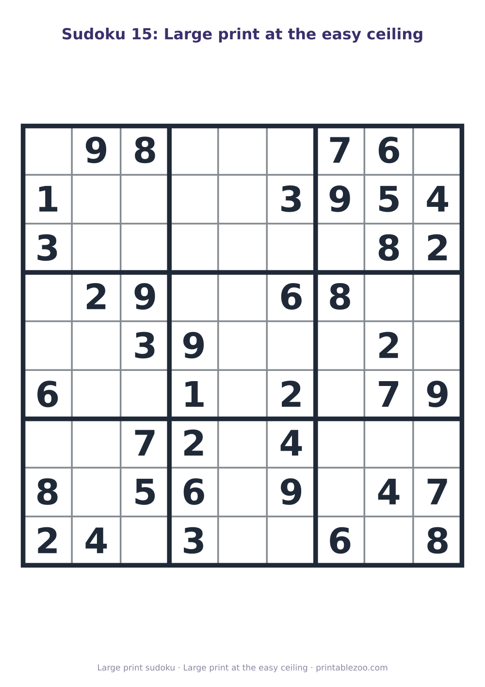 Printable easy 9x9 sudoku in large print with 38 clues, large print at the easy ceiling Puzzle #263305.