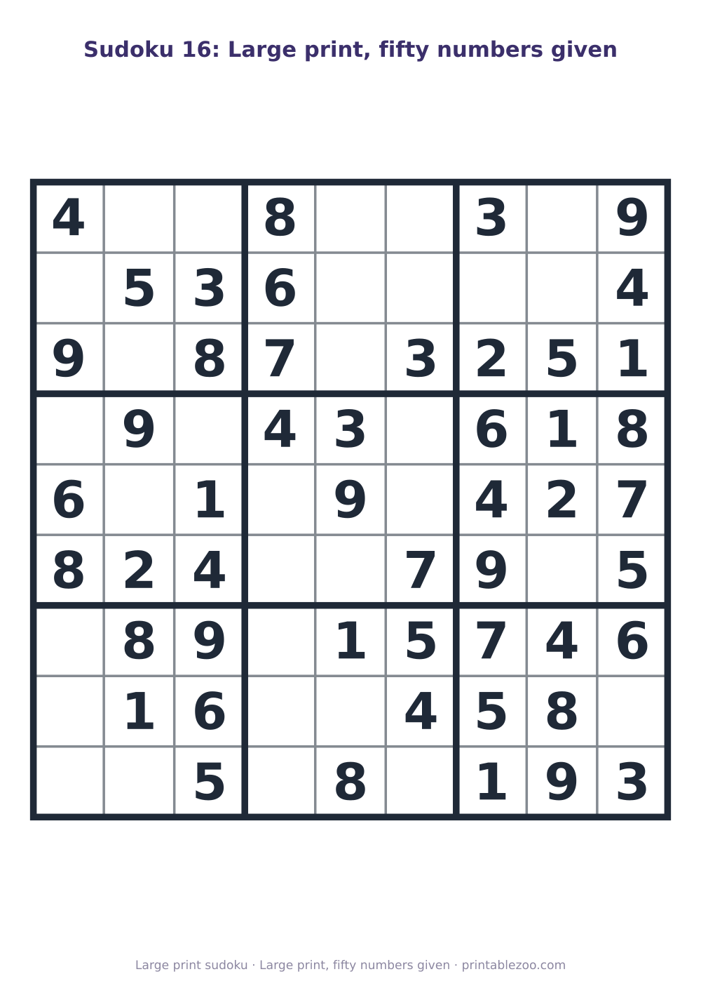 Printable easy 9x9 sudoku in large print with 50 clues, large print, fifty numbers given Puzzle #263401.