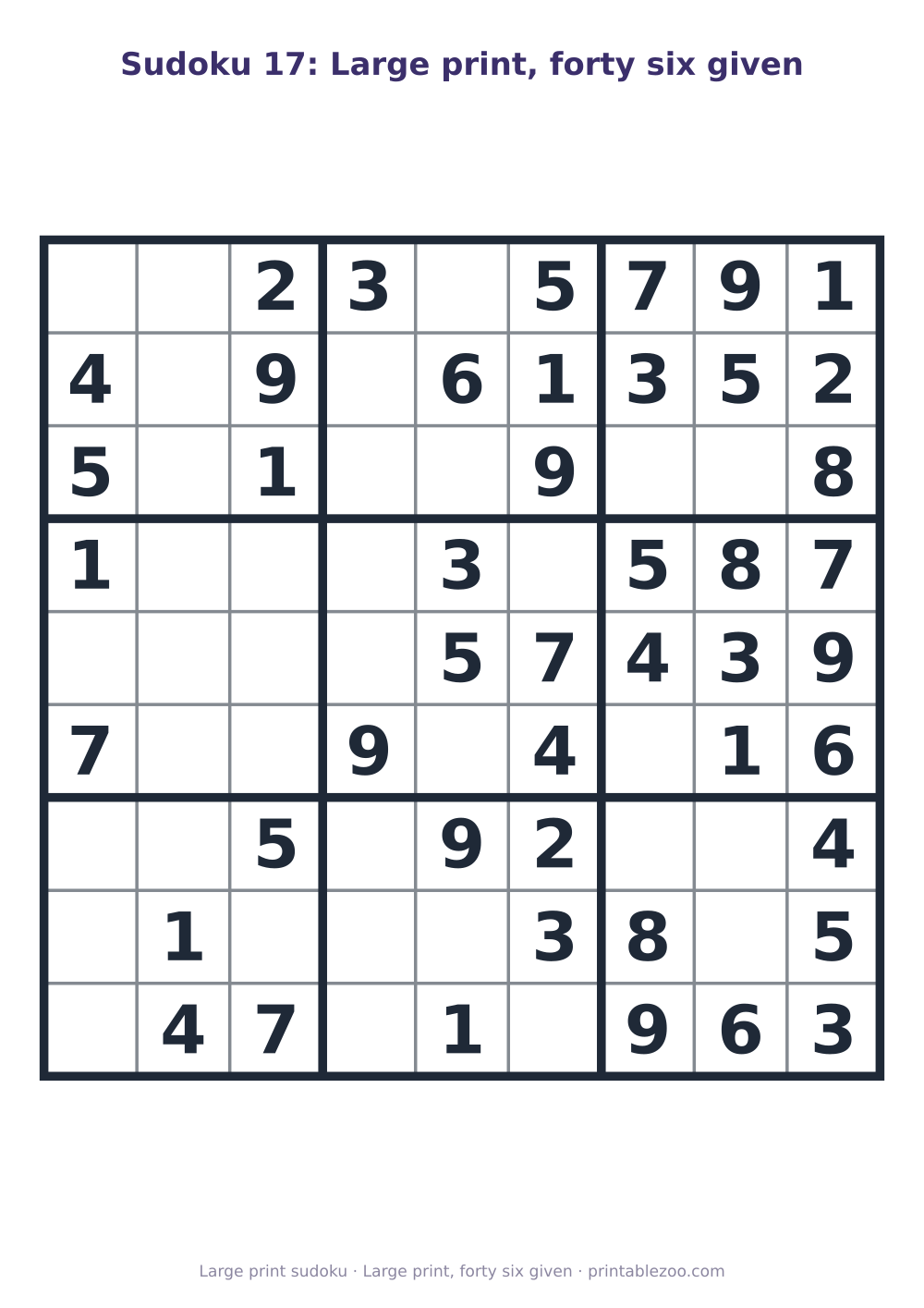 Printable easy 9x9 sudoku in large print with 46 clues, large print, forty six given Puzzle #263402.