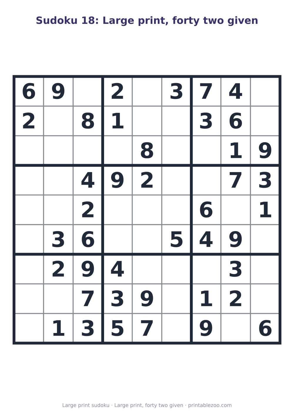 Printable easy 9x9 sudoku in large print with 42 clues, large print, forty two given Puzzle #263403.