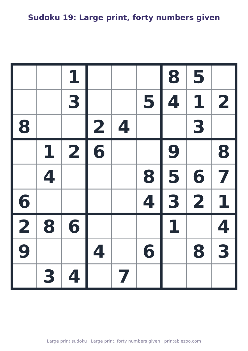 Printable easy 9x9 sudoku in large print with 40 clues, large print, forty numbers given Puzzle #263404.