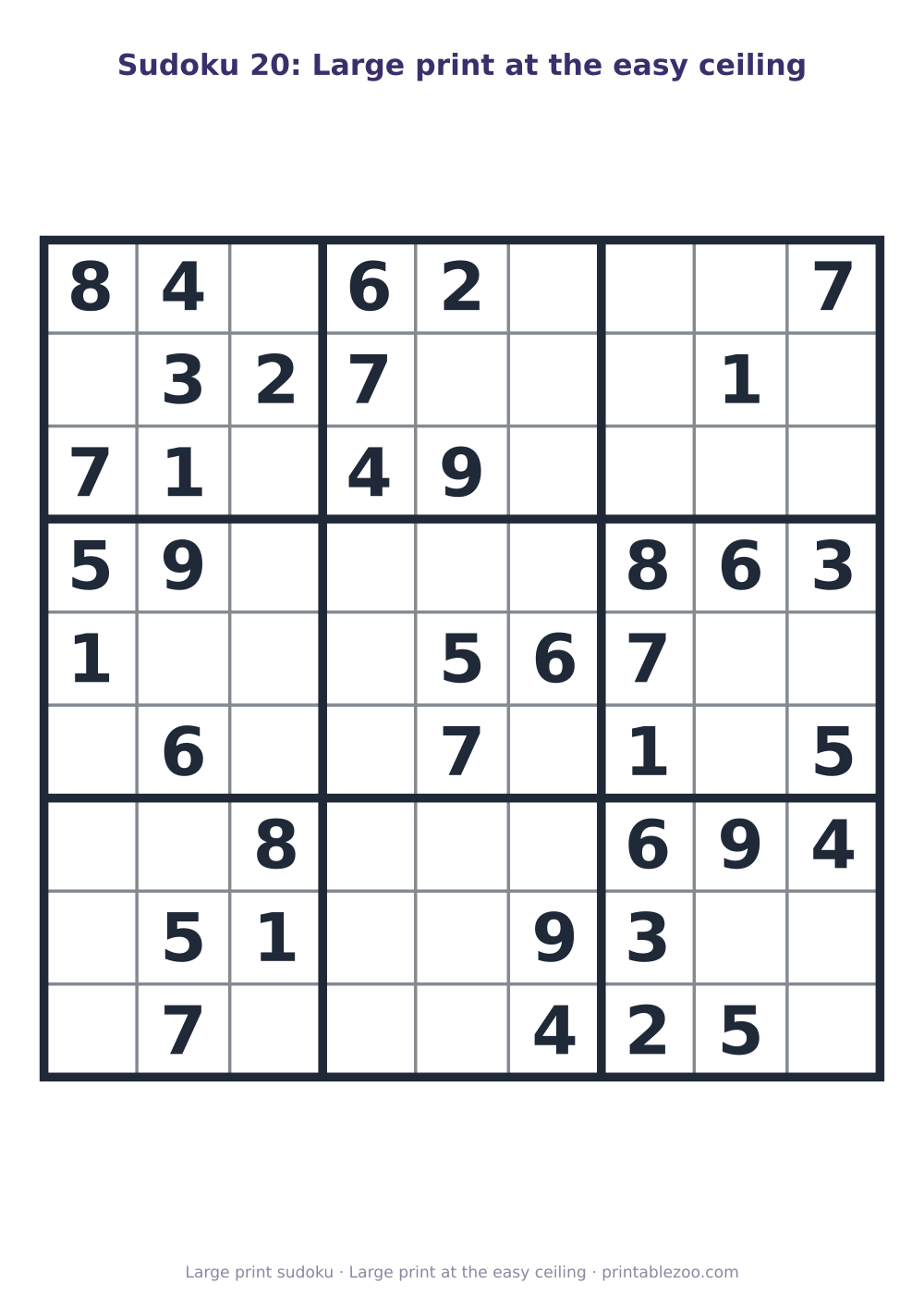 Printable easy 9x9 sudoku in large print with 38 clues, large print at the easy ceiling Puzzle #263405.