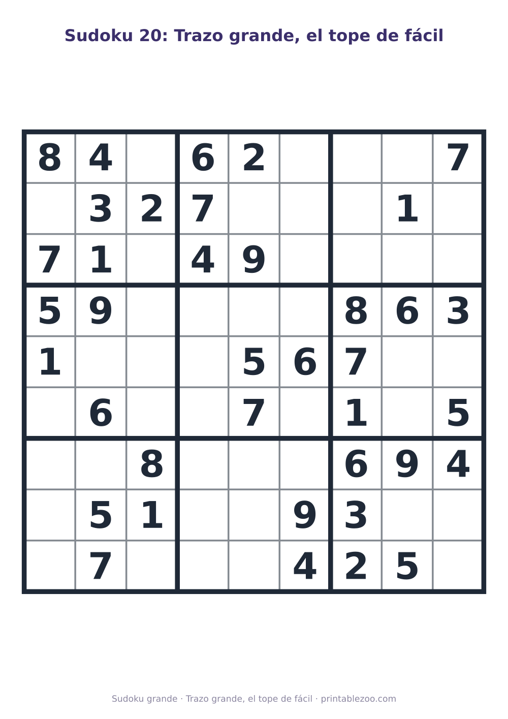 Sudoku fácil de 9x9 para imprimir en letra grande, con 38 pistas, trazo grande, el tope de fácil Pasatiempo n.º 263405.