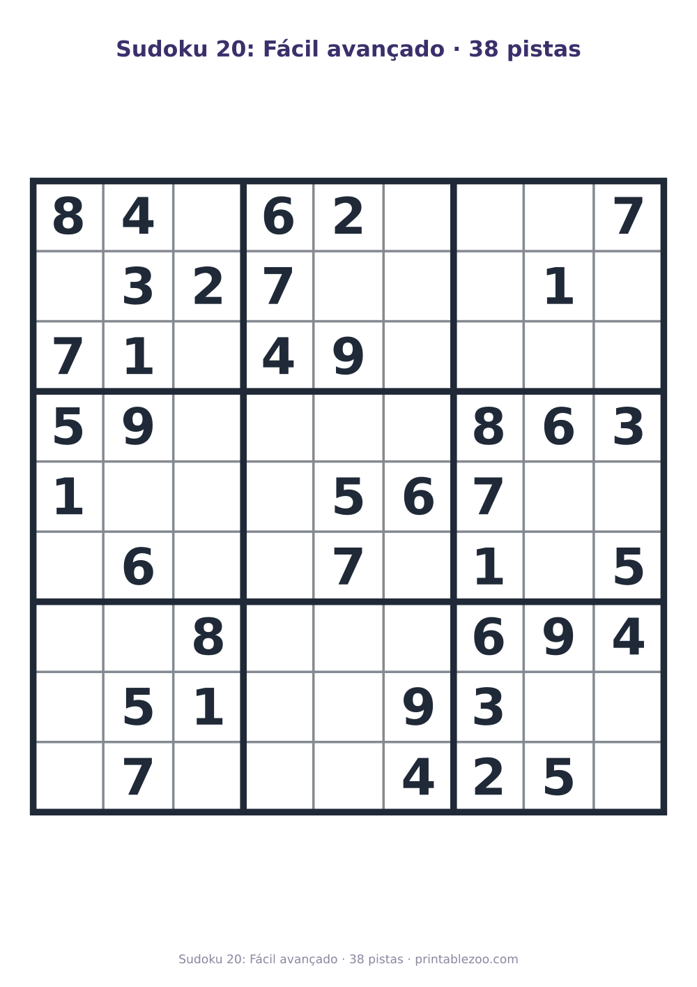 Prévia pronta para imprimir: Sudoku 20: Fácil avançado · 38 pistas, catálogo nº 263405 Passatempo nº 263405.