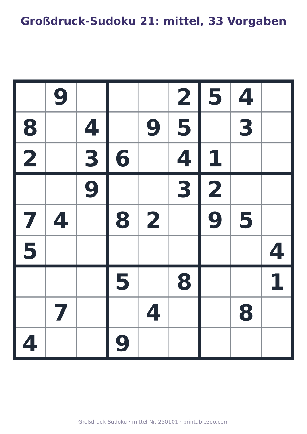 Großdruck-Sudoku zum Ausdrucken, Stufe mittel, 33 Vorgaben, Rätsel 250101