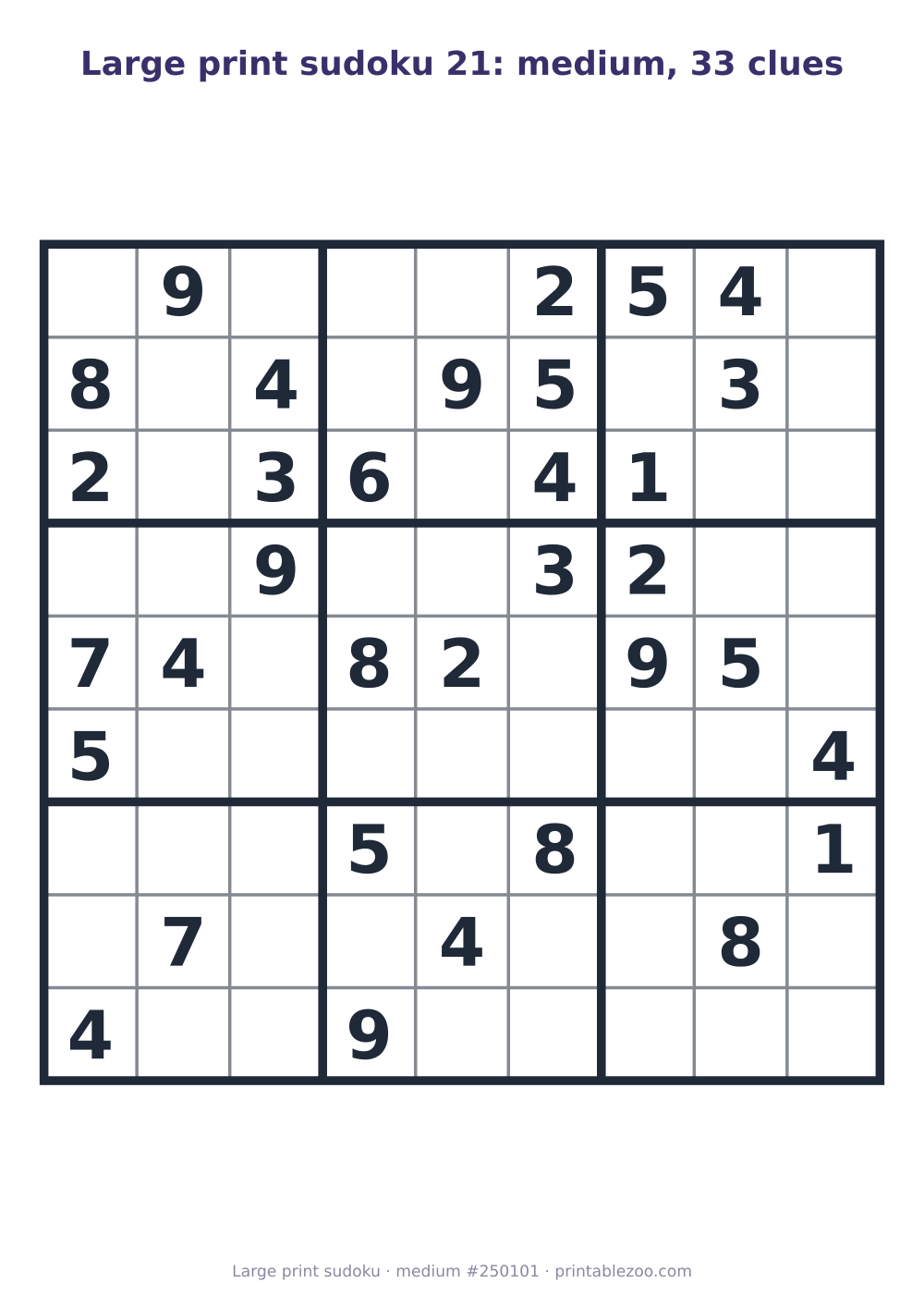 Large print sudoku printable, medium, 33 clues, puzzle 250101