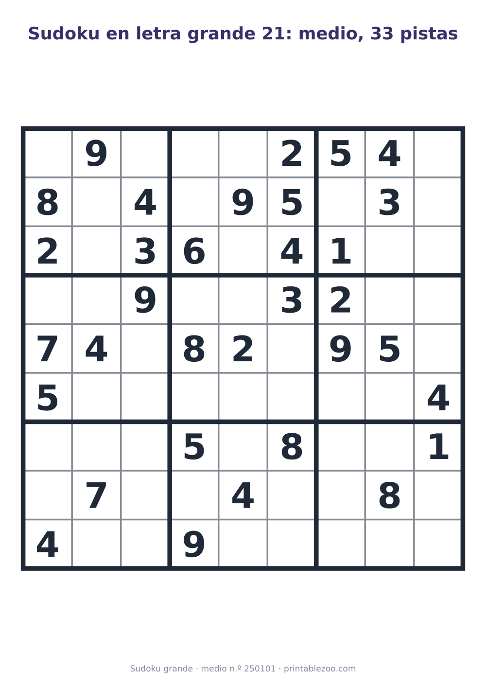 Sudoku en letra grande para imprimir de nivel medio, 33 pistas, pasatiempo 250101