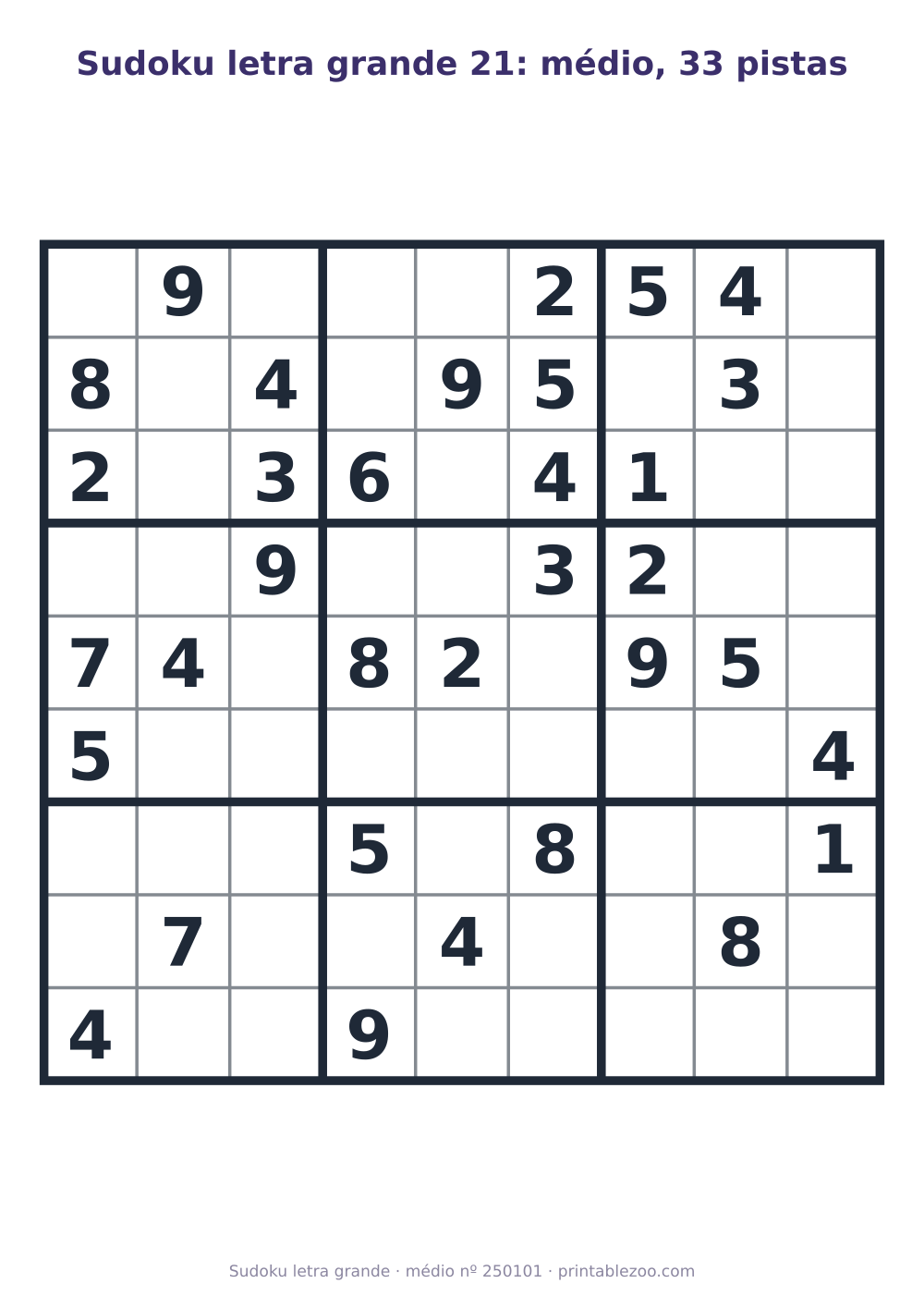 Sudoku letra grande para imprimir de nível médio, 33 pistas, desafio 250101
