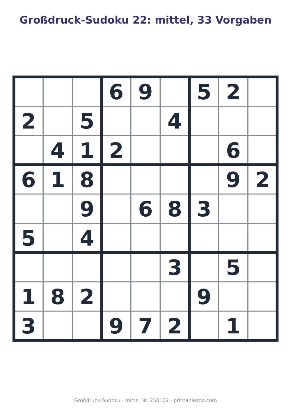 Großdruck-Sudoku zum Ausdrucken, Stufe mittel, 33 Vorgaben, Rätsel 250102