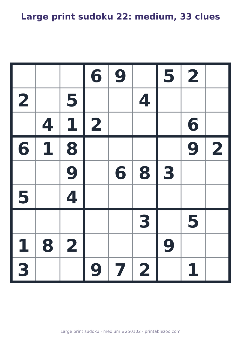 Large print sudoku printable, medium, 33 clues, puzzle 250102