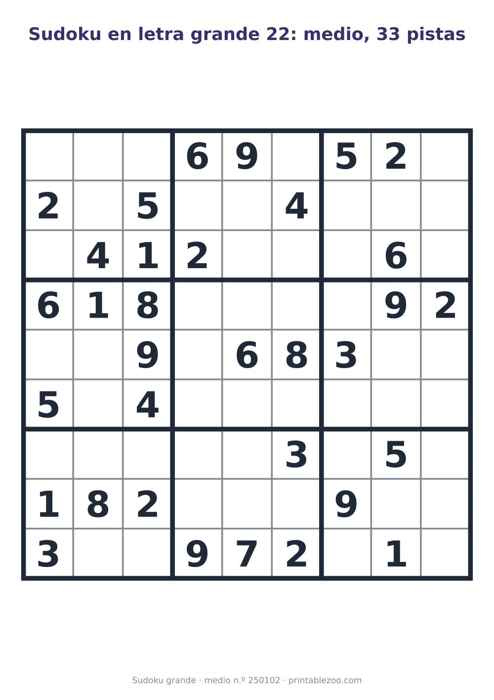 Sudoku en letra grande para imprimir de nivel medio, 33 pistas, pasatiempo 250102