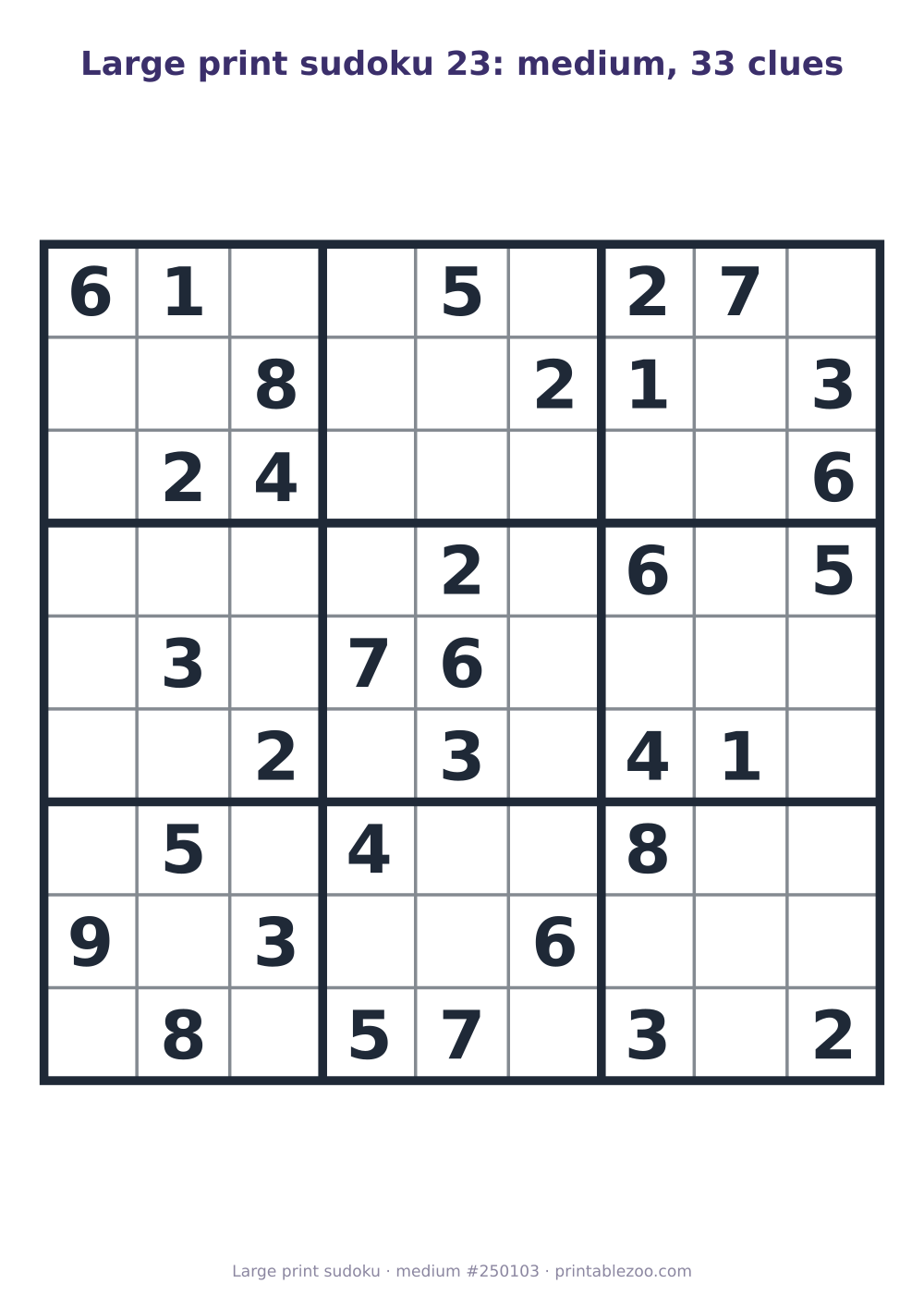 Large print sudoku printable, medium, 33 clues, puzzle 250103