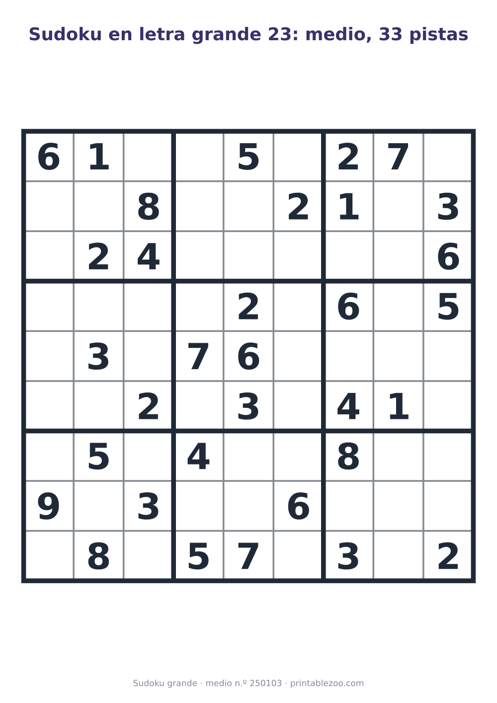 Sudoku en letra grande para imprimir de nivel medio, 33 pistas, pasatiempo 250103