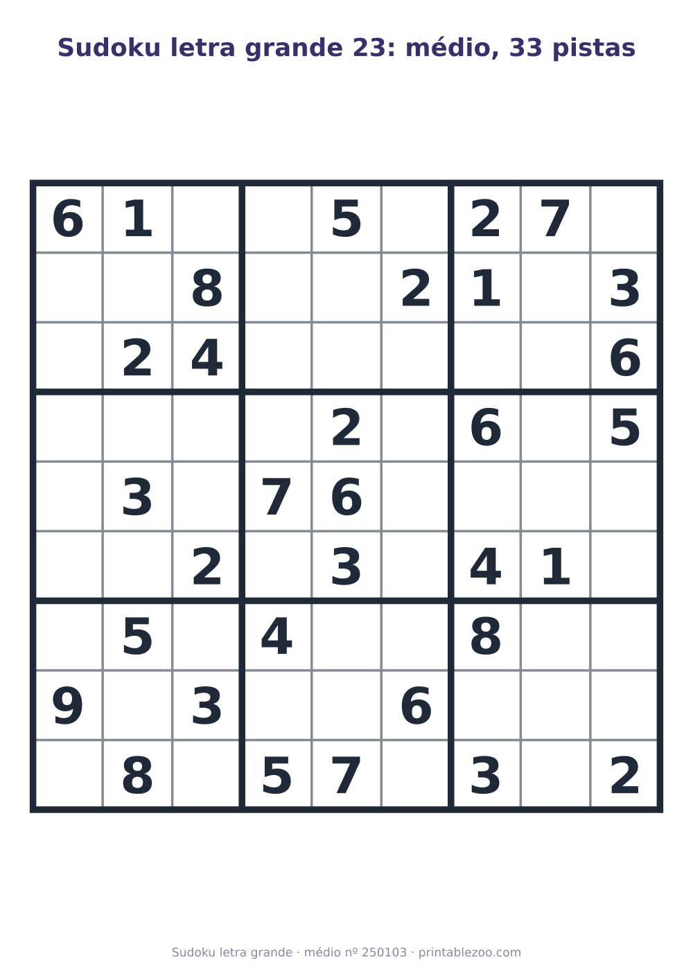 Sudoku letra grande para imprimir de nível médio, 33 pistas, desafio 250103