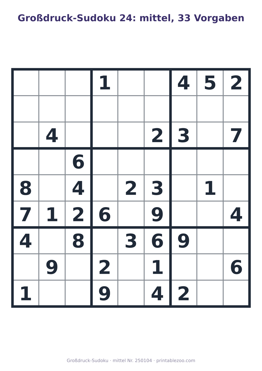 Großdruck-Sudoku zum Ausdrucken, Stufe mittel, 33 Vorgaben, Rätsel 250104
