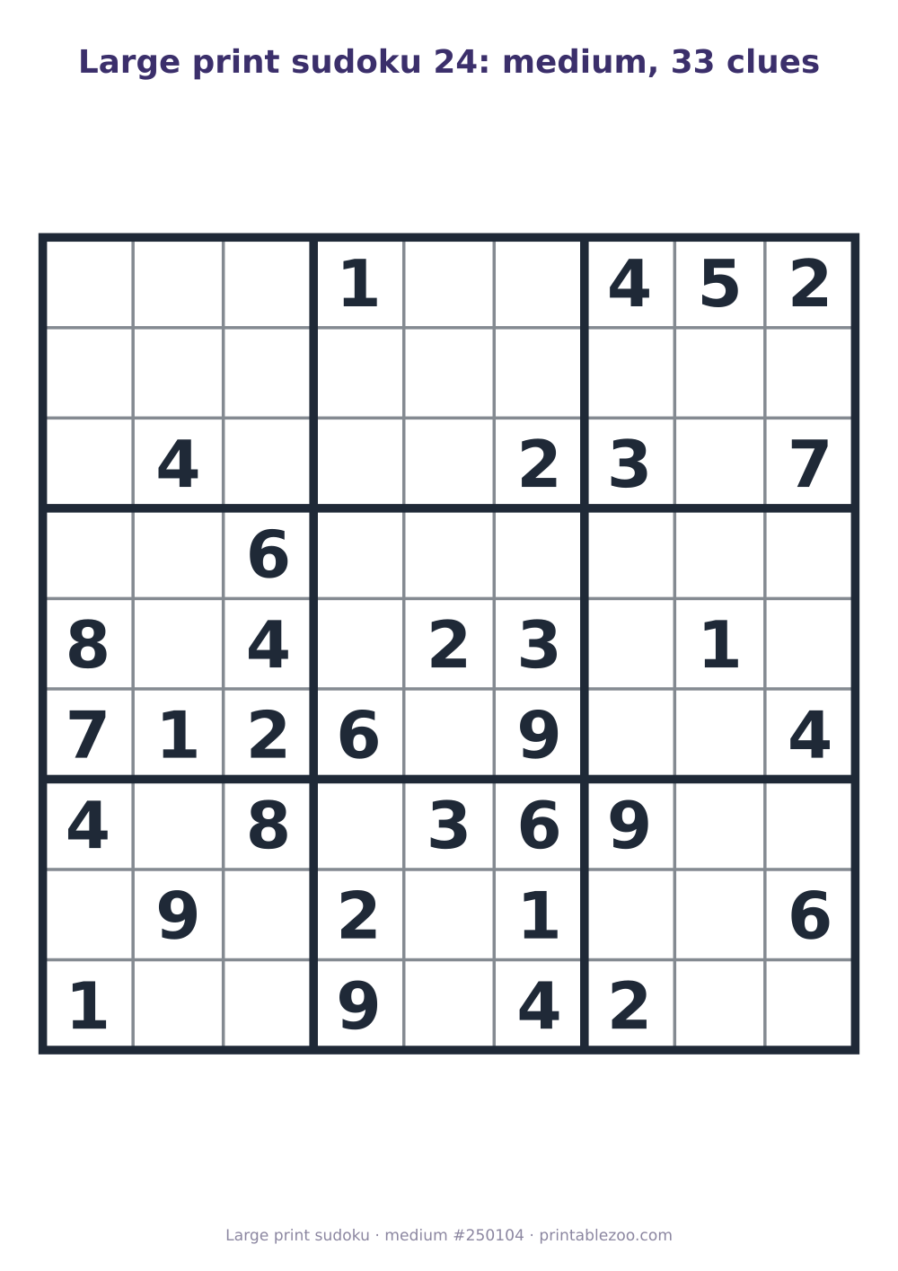 Large print sudoku printable, medium, 33 clues, puzzle 250104