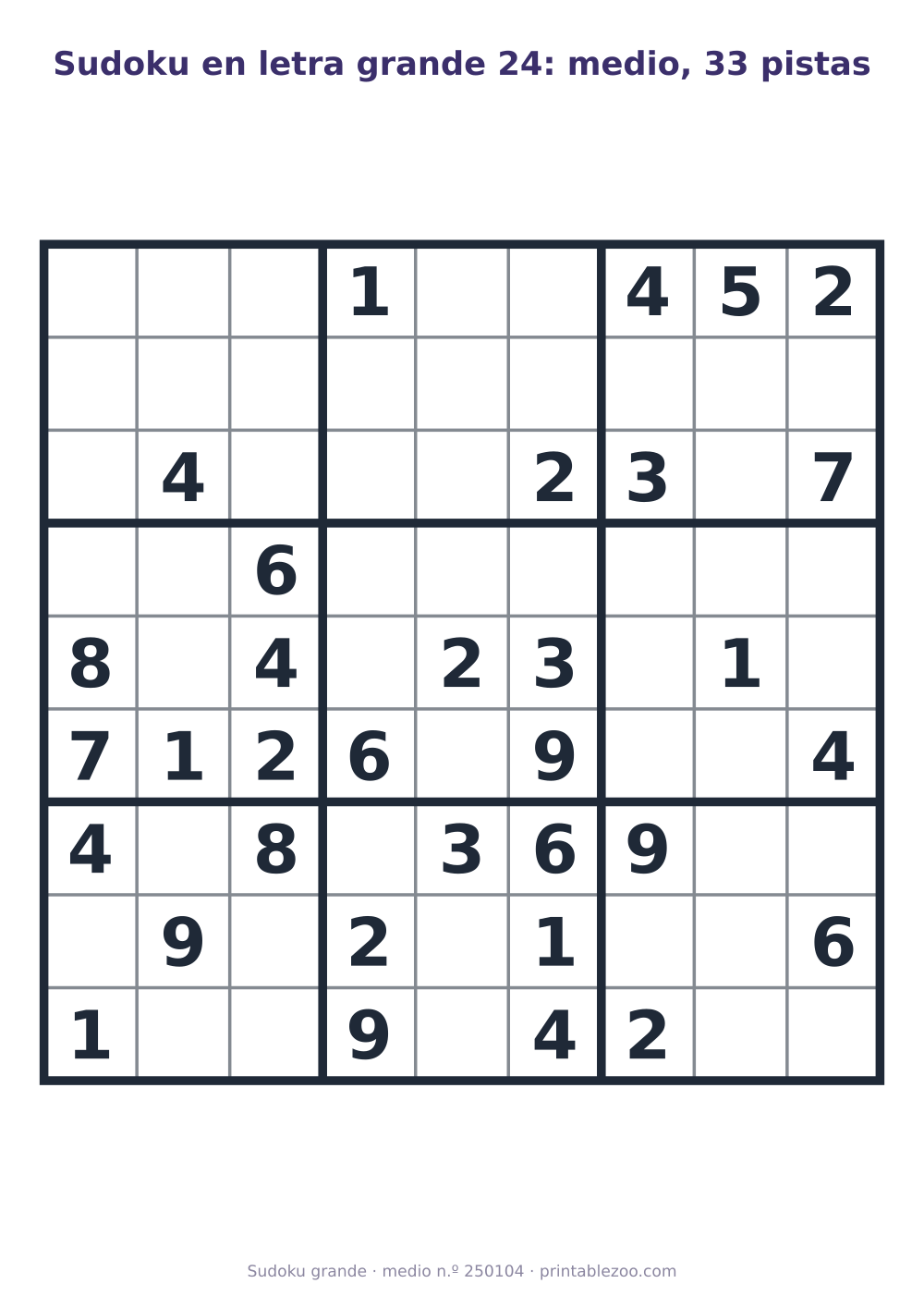 Sudoku en letra grande para imprimir de nivel medio, 33 pistas, pasatiempo 250104